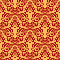 Red and yellow seamless pattern with vintage ornament. Good for backgrounds, prints, apparel and textiles. Vector