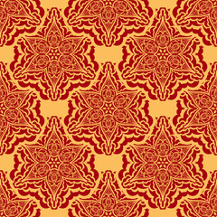 Red and yellow seamless pattern with vintage ornament. Good for backgrounds, prints, apparel and textiles.