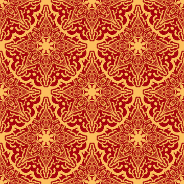 Red and yellow seamless pattern with vintage ornament. Good for clothing and textiles.