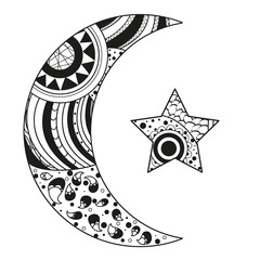 Zentangle moon and star with abstract patterns on isolation background. Design for spiritual relaxation for adults. Line art creation. Black and white illustration