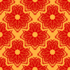 Fototapeta premium Red and yellow seamless pattern with vintage ornament. Good for covers, fabrics, postcards and printing. Vector illustration.