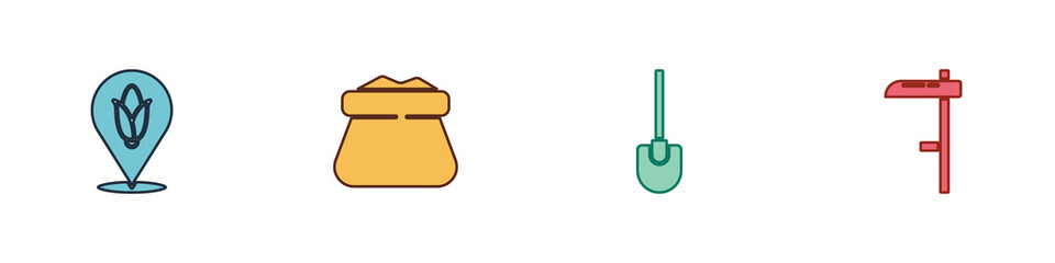 Set Location corn, Full sack, Shovel and Scythe icon. Vector