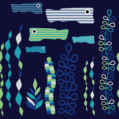 Decorative striped fish with a floral pattern swim in the sea. Seaweed. Seamless background. Cute cartoons. Vector illustration for web design or print.