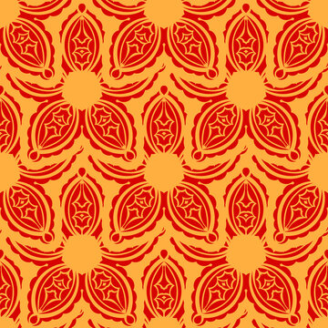 Red and yellow seamless pattern with vintage ornament. Good for clothing, textiles, backgrounds and prints. Vector illustration.
