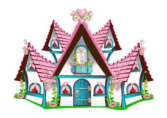 Obraz premium Fairy tale house with a pink roof, a balcony, a country door and hearts made of precious stones. Fairy tale background vector illustration in cartoon style isolated on white background.
