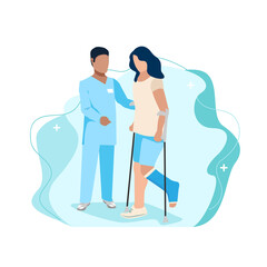 A nurse helps a patient with a broken leg walk on crutches. Doctor and patient. A girl with a cast leg on crutches. Flat background vector illustration.