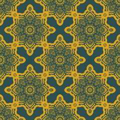 Green and yellow seamless pattern with vintage ornament. Good for backgrounds, prints, apparel and textiles. Vector