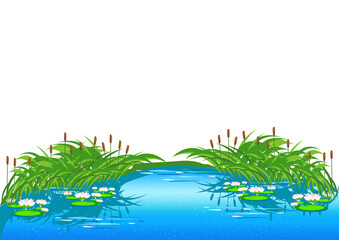 Fototapeta na wymiar Fairy tale lake with reeds and beautiful water lilies. Vector illustration in cartoon style on a white background.
