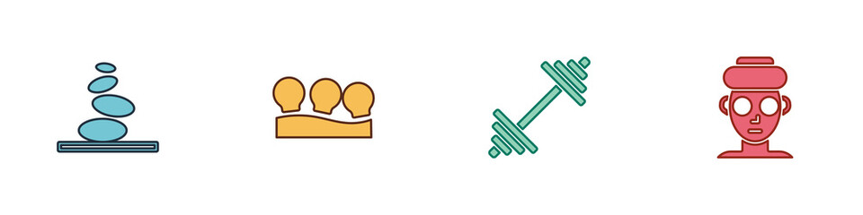 Set Stack hot stones, Vacuum cans, Dumbbell and Facial cosmetic mask icon. Vector