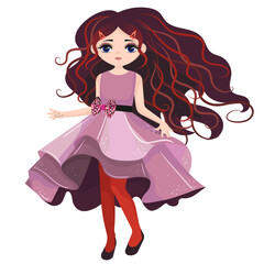 vector illustration of a girl in a dress. the girl dances and spins. a beautiful doll, with long hair and beautiful clothes. drawing of a doll for children's design.