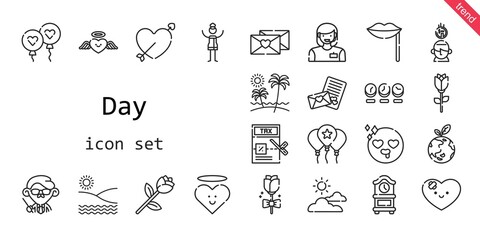 day icon set. line icon style. day related icons such as balloon, woman, tax, clock, heart, cupid, cloudy, saving, lips, planet earth, teacher, in love, beach, love letter, rose,