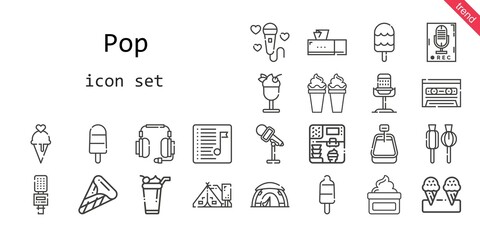 pop icon set. line icon style. pop related icons such as tent, tissue box, recorder, ice cream, playlist, headphones, lollipop, cream, cassette, microphone, popsicle,