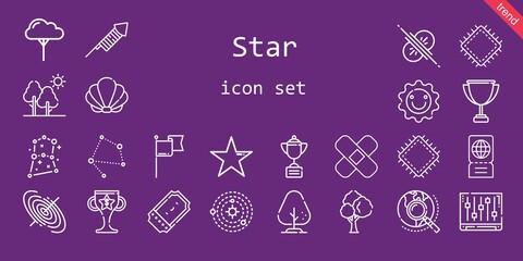 star icon set. line icon style. star related icons such as black hole, flag, ticket, solar system, explore, star, seashell, tree, fireworks, sun, patch, collision, constellation, trophy, levels