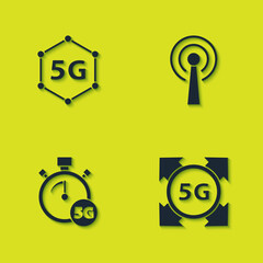 Set 5G network, , Digital speed meter and Antenna icon. Vector