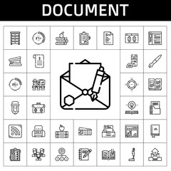 document icon set. line icon style. document related icons such as stapler remover, book, clipboard, rss feed, presentation, file, open book, fountain pen, percentage, browser