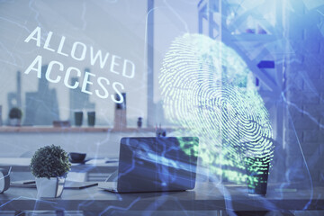 Double exposure of finger print and office interior background. Concept of security.