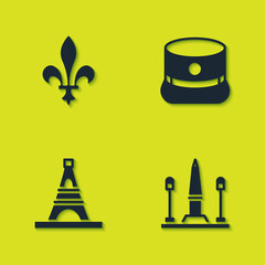 Set Fleur De Lys, Place La Concorde, Eiffel tower and Kepi icon. Vector
