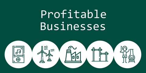 profitable businesses background concept with profitable businesses icons. Icons related factory, bar, chimney, wind turbine, music player