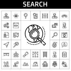 search icon set. line icon style. search related icons such as cursor, searching, filing cabinet, employee, observe, analytics, search, bar, browser, flashlight, sitemap