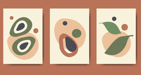 Set of three abstract minimalist aesthetic illustrations with avocado. Modern posters for social media in vintage style.