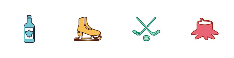Set Beer bottle, Skates, Ice hockey sticks and puck and Tree stump icon. Vector