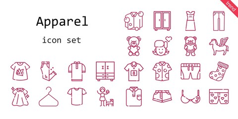 apparel icon set. line icon style. apparel related icons such as dress, trousers, closet, girl, pegasus, bra, sock, football jersey, shirt, boxers, tshirt, teddy bear, shorts, hanger,
