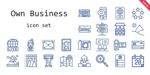 own business icon set. line icon style. own business related icons such as calendar, zoom in, smartphone, stapler, best, camcorder, pyramid chart, laptop, picture, bank