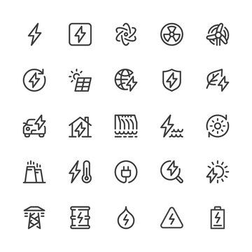 Simple Interface Icons Related to Energy. Hydroelectric Power, Solar Panels, Fossil Fuels, Renewable Energy. Editable Stroke. 32x32 Pixel Perfect.