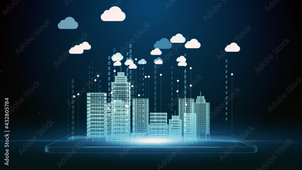 Poster 3d rendering, digital smartphone and smart city wireframe and cloud icon, cloud computing and techno