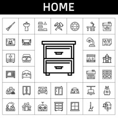 home icon set. line icon style. home related icons such as bed, washing machine, tent, castle, hammer, apron, house, chicken coop, laundry, microwave, birdhouse, remote control
