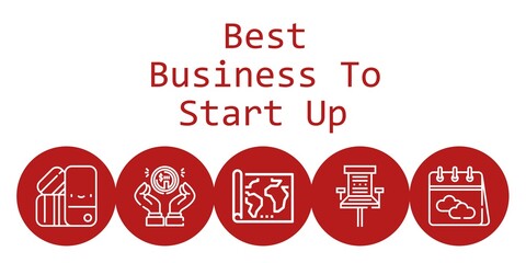 best business to start up background concept with best business to start up icons. Icons related calendar, office chair, pantone, map, coin