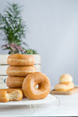Mount of sweet donuts with a plant, cream filled buns and white background