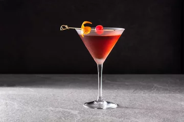 Printed kitchen splashbacks Manhattan Traditional Manhattan cocktail with cherry on gray stone