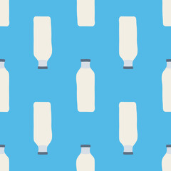 Seamless pattern of milk bottles in hand drawn doodle line style. vector illustration on blue background.