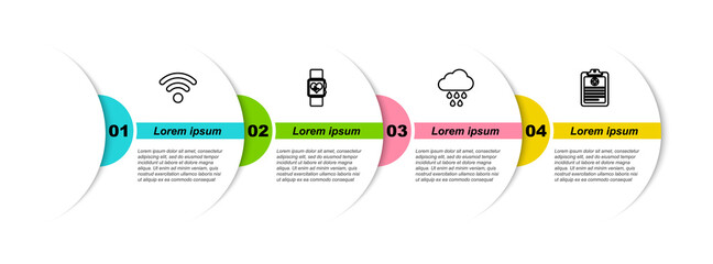 Set line Wi-Fi wireless network, Smart watch heart beat rate, Cloud with rain and Clinical record. Business infographic template. Vector