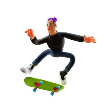 3D Cool Man Cartoon Illustration playing a skateboard
