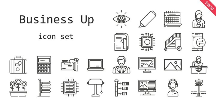 business up icon set. line icon style. business up related icons such as calendar, flowers, smartphone, panels, searching, customer service, news reporter, news report, cpu