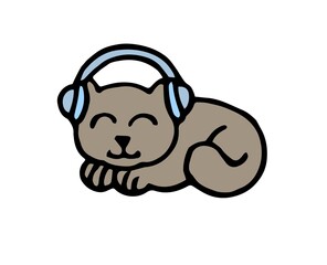 Fototapeta premium Cheerful funny cat. illustration. Listening to music. Cartoon sketch style. Hand outline drawing Kitty animal. vector