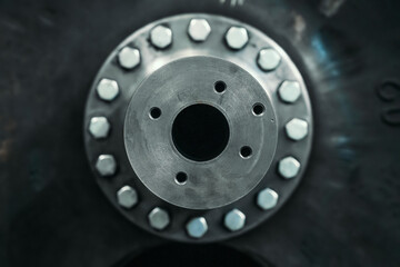 Steel round tube machinery part, metallurgy manufactured product, iron industrial background.