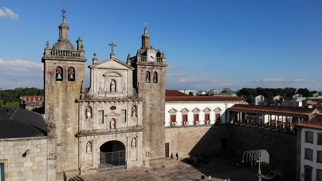 Viseu, Portugal - May 8, 2021: DRONE AERIAL FOOTAGE - The Viseu Cathedral (Se Catedral de Viseu) is the Catholic bishopric seat of the city of Viseu, in Portugal. 