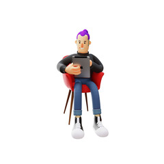 Fototapeta na wymiar 3D Cool Man Cartoon Design with a tablet