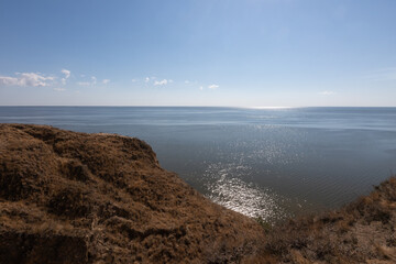 View of clay mountains, rocks and hills near the Dnieper estuary and Black Sea. Stanislav, Grand Canyon of Kherson region, Ukraine.