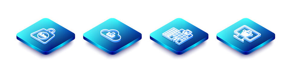 Set Isometric line Weight pounds, Cloud download, Dental clinic and Monitor with shopping basket icon. Vector