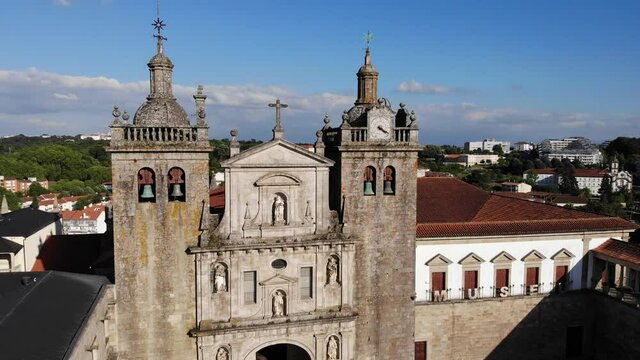 Viseu, Portugal - May 8, 2021: DRONE AERIAL FOOTAGE - The Viseu Cathedral (Se Catedral de Viseu) is the Catholic bishopric seat of the city of Viseu, in Portugal. 