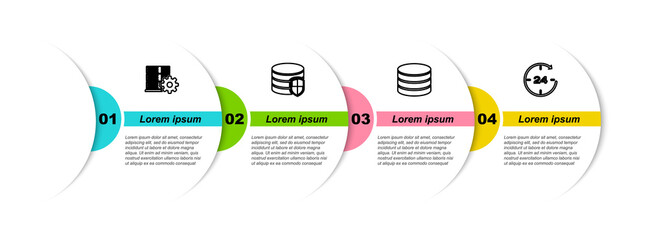 Set line Server setting, Database protection, and Clock 24 hours. Business infographic template. Vector