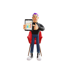 Cool Man Cartoon 3D Illustration showing a graphic on his tablet