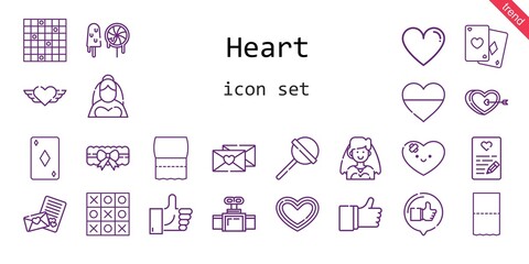 heart icon set. line icon style. heart related icons such as bride, like, garter, tic tac toe, poker, love letter, lollipop, toilet paper, sweets, valve, ace of diamonds, heart,