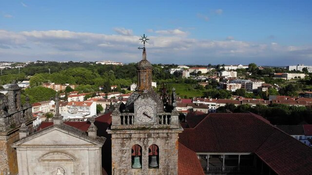 Viseu, Portugal - May 8, 2021: DRONE AERIAL FOOTAGE - The Viseu Cathedral (Se Catedral de Viseu) is the Catholic bishopric seat of the city of Viseu, in Portugal. 