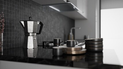 Kitchen scene with cafetiere coffee maker. 3D render.

