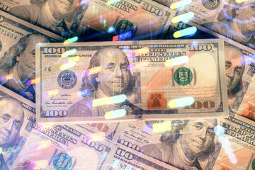 Double exposure of data theme drawing over us dollars bill background. Technology concept.